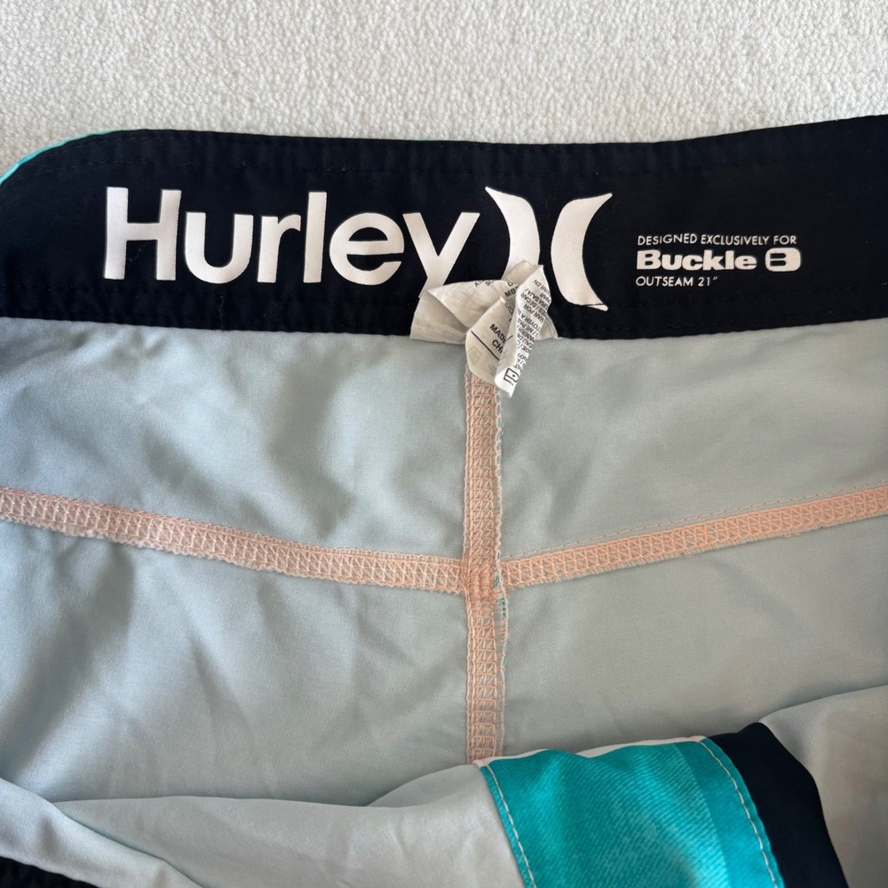 Hurley Phantom Board Shorts Mens 34 Teal Orange Checkered Buckle Exclusive 21" - Picture 2 of 7